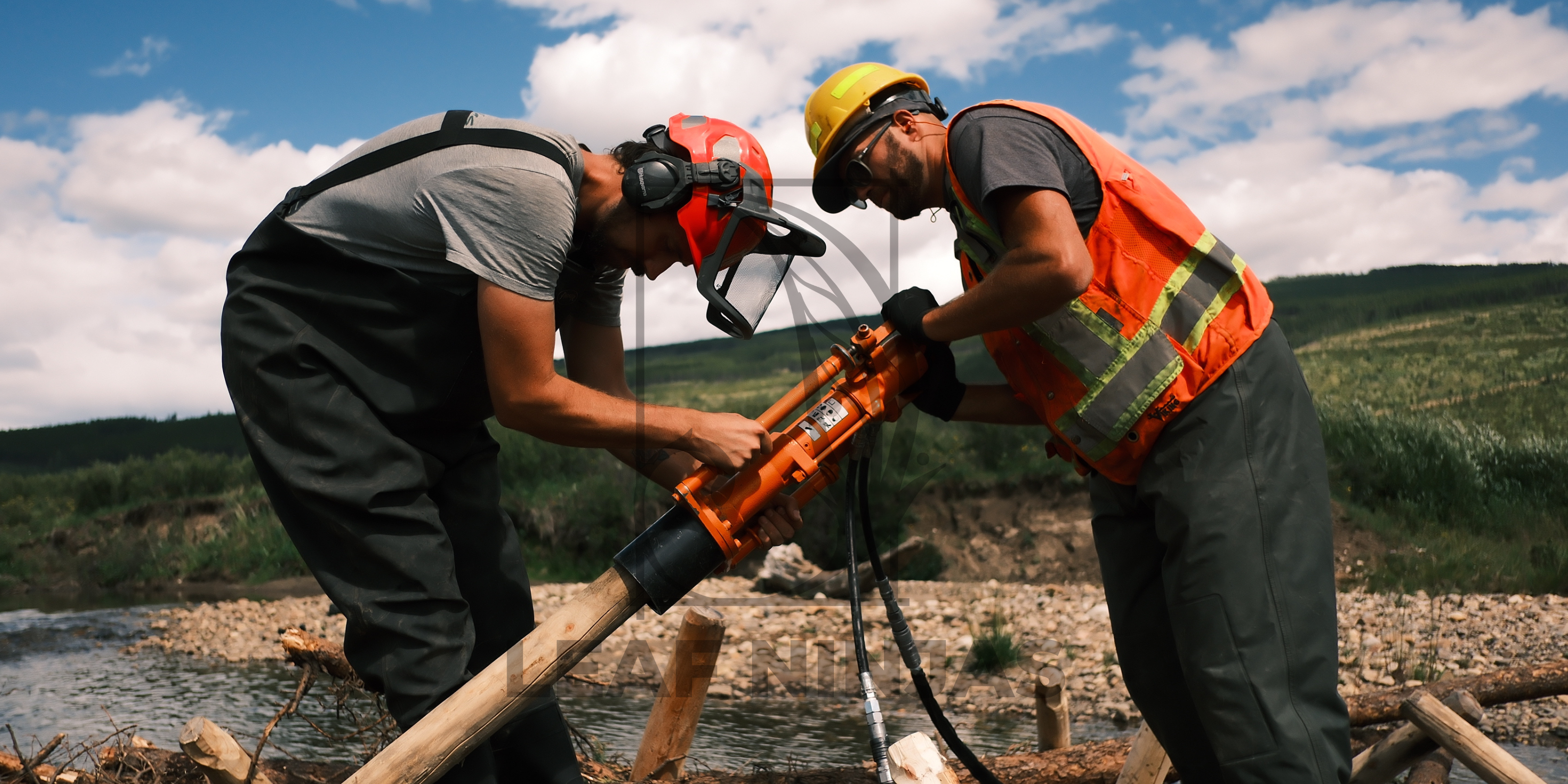 Banner which depicts a crew installing Beaver Dam Analogues with a Leaf Ninjas Logo and watermark